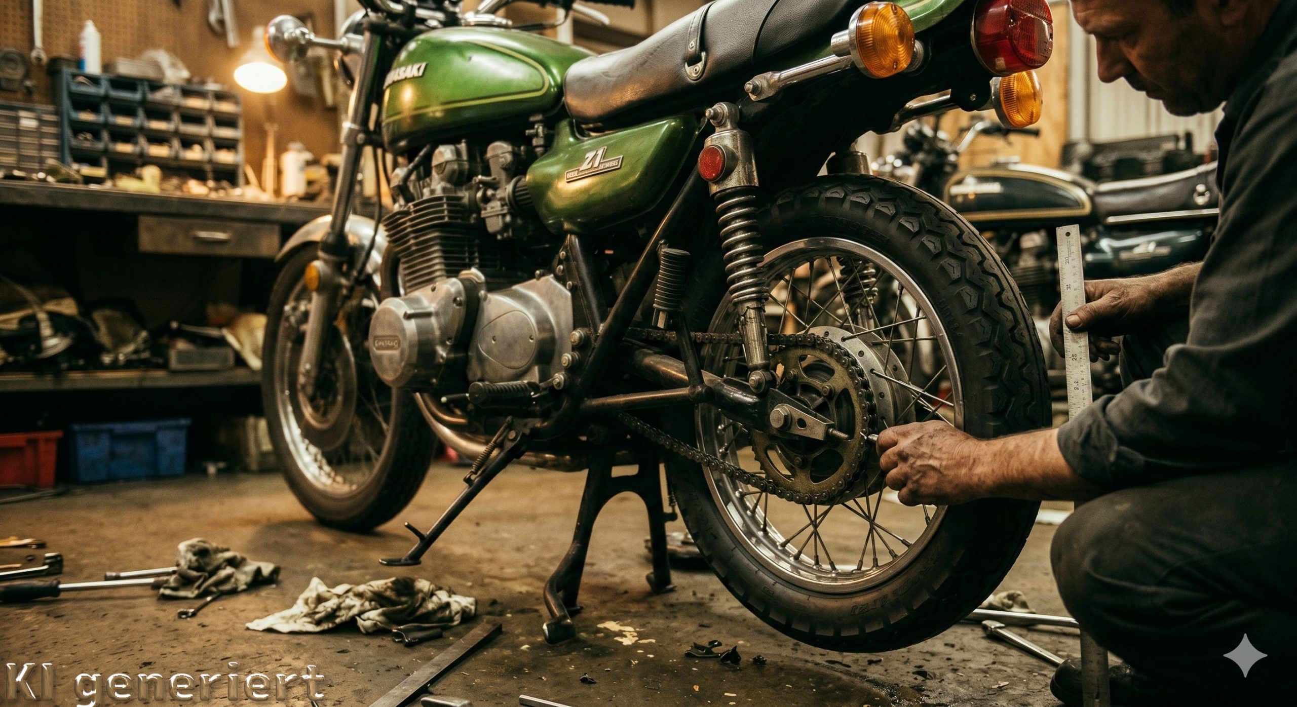 Eine alte grüne Kawasaki Z 900 aus der Mitte der 70 Jahre in einer typischen Schrauberbude. Ein Mechaniker ist dabei die Antriebskette einzustellen.