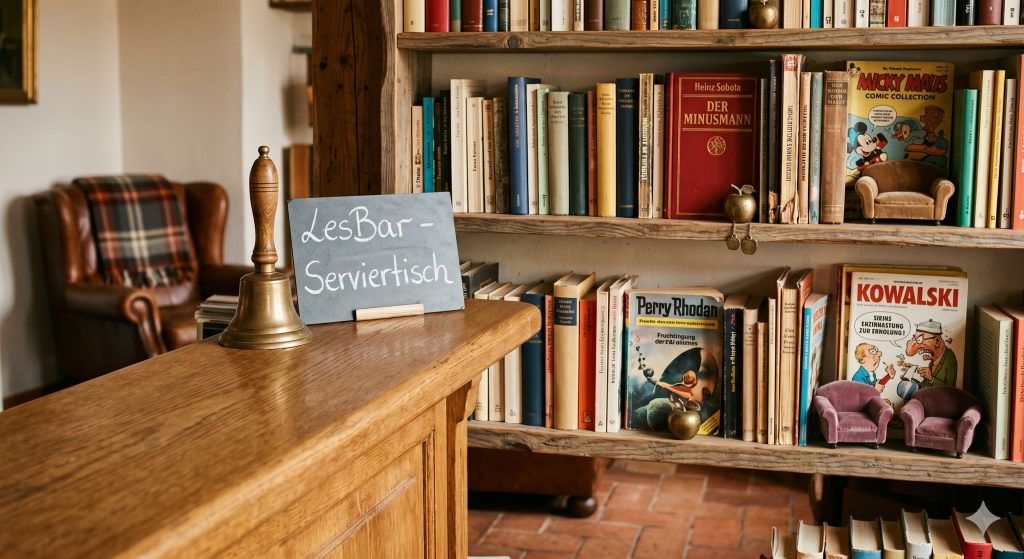 Im Vordergrund steht eine rustikale, gut genutzte Holzbar (vielleicht die umfunktionierte Theke der alten Abotheke). Auf der Theke steht eine kleine, alte Handglocke und daneben eine handbeschriebene Schiefertafel mit der Kreideaufschrift: „LesBar - Serviertisch“.

Hinter der Bar steht ein hohes, gut gefülltes Bücherregal aus altem Holz. Die Bücher sind bunt gemischt und wirken viel gelesen. Man erkennt deutlich einige Buchrücken, die deine literarische Reise zeigen: Ein „Micky Maus“-Sammelband und ein „Asterix“-Heft, daneben ein paar vergilbte „Perry Rhodan“- und „John Sinclair“-Groschenhefte. Etwas weiter rechts, auffällig platziert, steht ein Buchrücken mit der Aufschrift „Der Minusmann“. Eine Ausgabe des Magazins „Kowalski“ liegt aufgeschlagen auf einem Regalbrett, das Cover zeigt eine satirische Illustration.