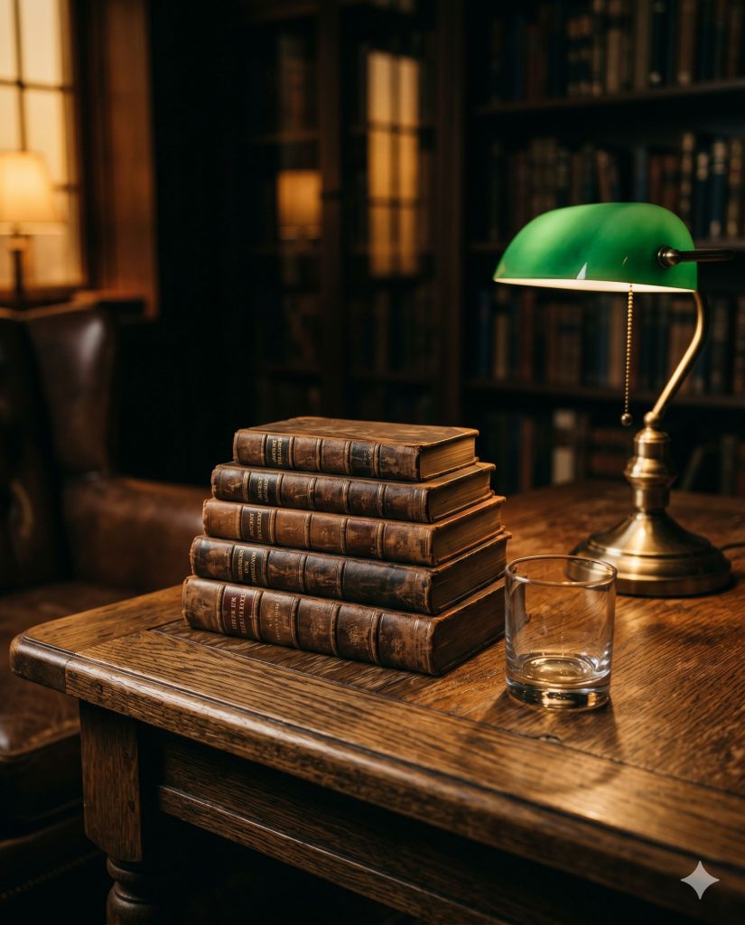 Stapel alter Lederbücher auf einem Eichentisch neben einem Whiskeyglas in einer urig beleuchteten Bibliothek