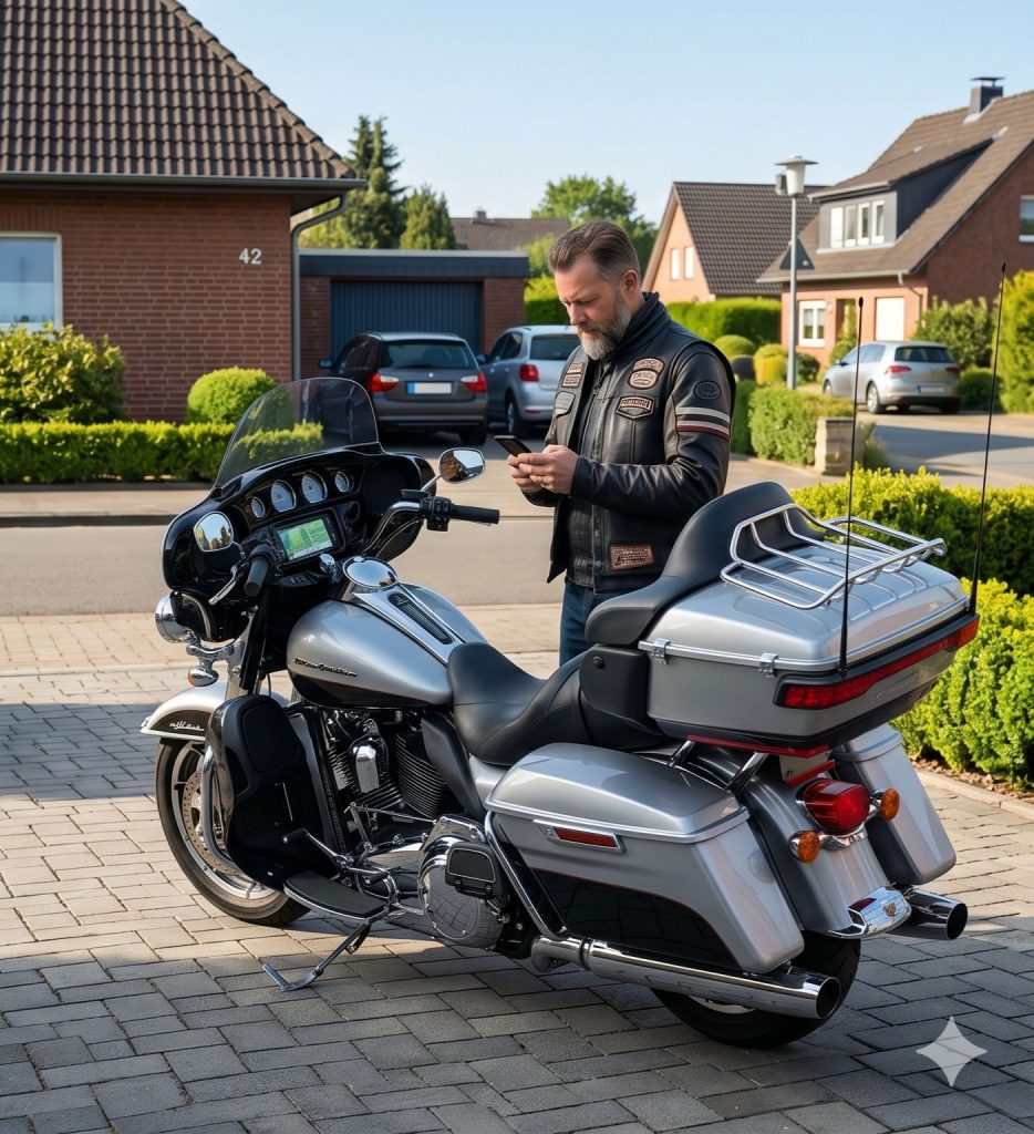 Ein Bild aus der Biker Kultur
Ein gepflegter Mann in einer modernen Lederjacke auf einer gepflasterten Vorstadtstraße neben einem silbernen Luxus-Touring-Motorrad und schaut auf sein Smartphone. Im Hintergrund sind Wohnhäuser und moderne Autos zu sehen, was einen kontrollierten und modernen Lebensstil darstellt