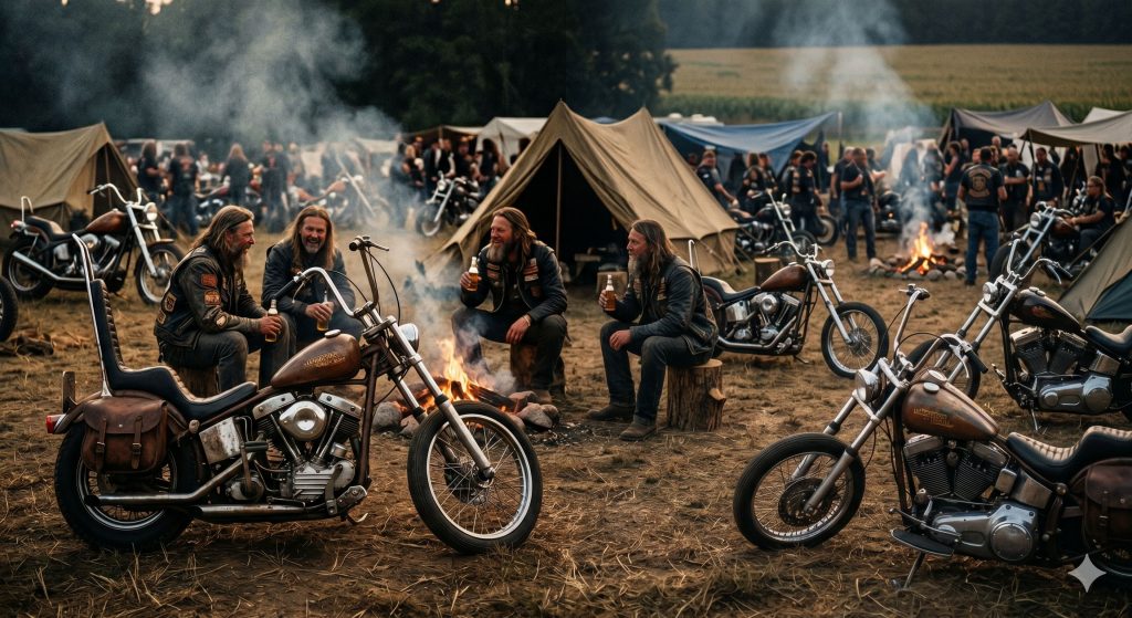 Ein Bild aus der Biker Kultur
Drei Männer mit langen Bärten und Lederwesten in einer staubigen, ländlichen Umgebung an einem Lagerfeuer und trinken Bier. Einer sitzt auf einem rustikalen Chopper mit hohem Lenker und Ledersatteltaschen. Im Hintergrund sind Zelte und weitere Biker zu sehen, was eine rustikale und rebellische Atmosphäre erzeugt