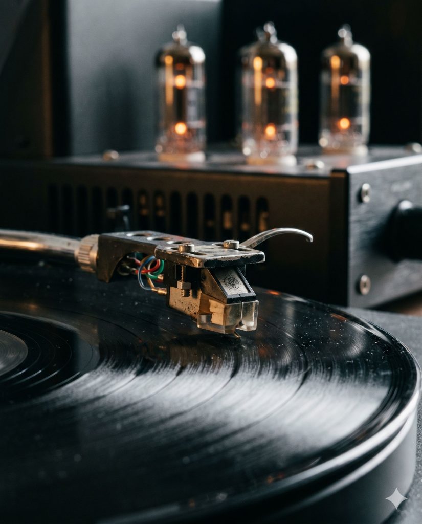 Nahaufnahme einer Plattenspielernadel auf einer Vinyl-Schallplatte mit warm glühenden Verstärker-Röhren im Hintergrund
