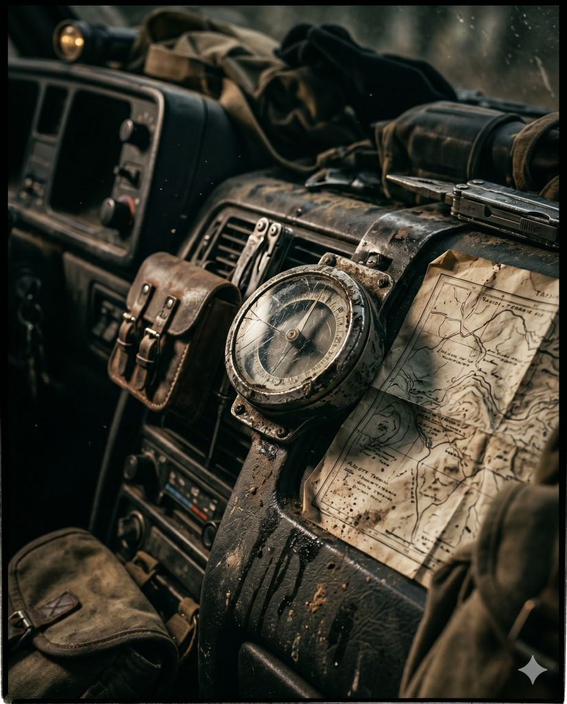 Nahaufnahme und Details eines Fahrzeug-Cockpits mit Kompass und Karte