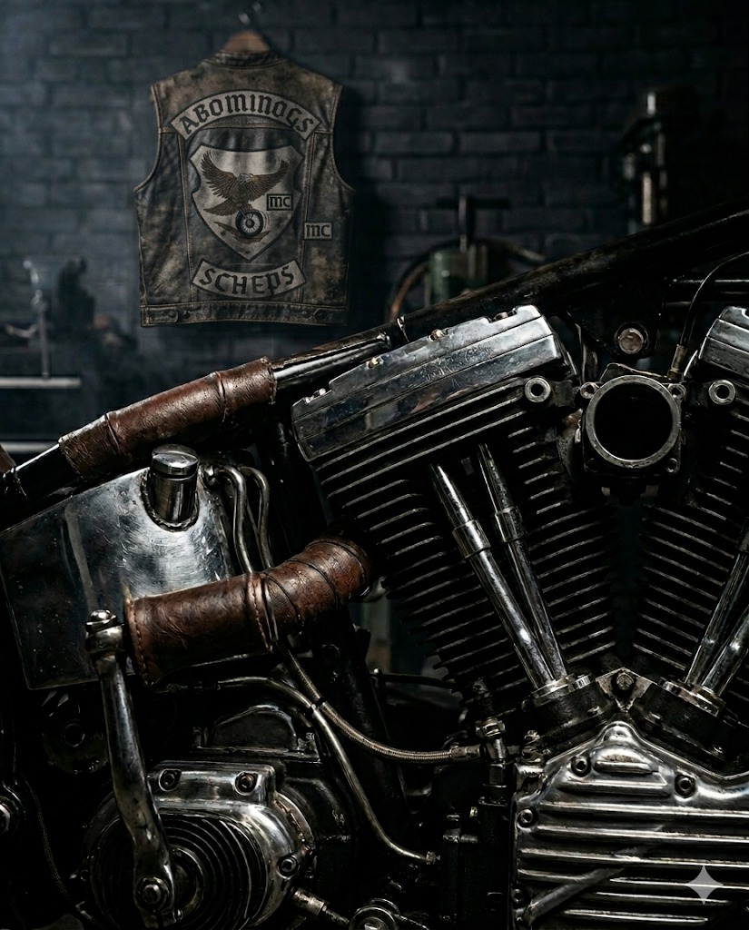 Ein Bild aus der Biker Kultur
Ein Harley Davidson Motor im Starrahmen.  Das Motorrad steht in einer Werkstatt. Im Hintergrund an einer Wand hängt eine Weste mit Abzeichen des Abominogs MC
