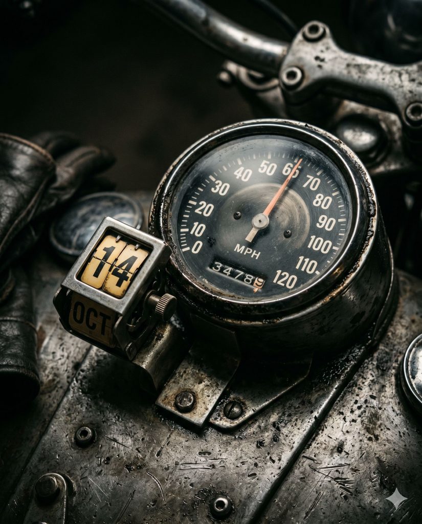 Detailaufnahme eines mechanischen Motorrad-Tachometers und Kalender-Elementen auf einer metallischen Oberfläche.