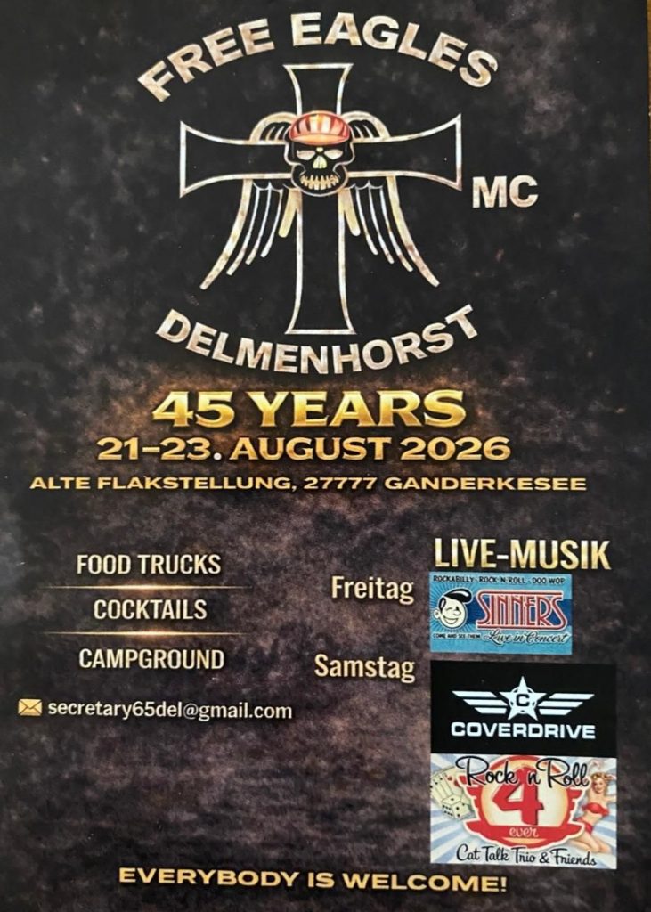 Ein Flyer der Free Eagles aus Delmenhorst. Einladung zum Motorradtreffen vom 21 bis 23 August 2026. 