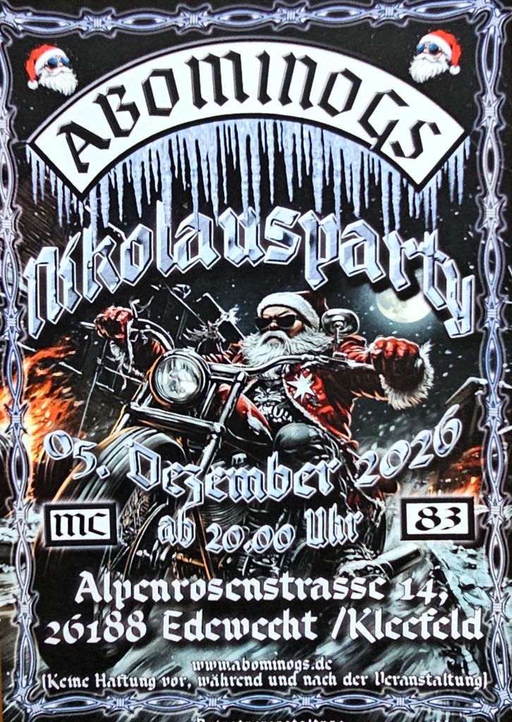 Einladung des Motorradclub Abominogs MC zu ihrer Nikolausparty am 5. Dezember 2026. Das Bild zeigt einen Nikolaus auf einem Motorrad. 