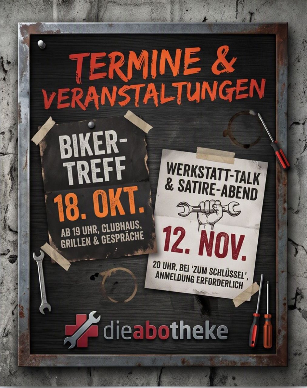 Das schwarze Brett der Abotheke für Termine und Veranstaltungen