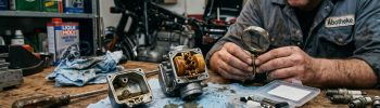 Ein Motorradmechaniker sitzt in seiner Werkstatt und hat einen zerlegten Vergaser einer Kawasaki Z1000 vor sich auf einem Tisch.