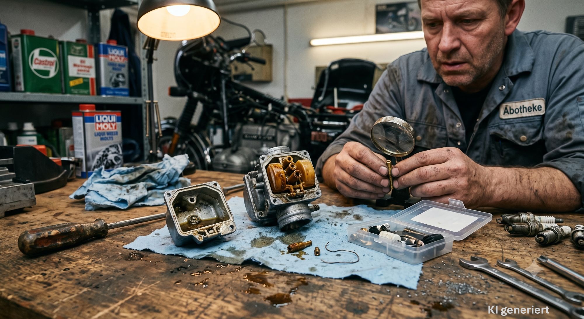Ein Motorradmechaniker sitzt in seiner Werkstatt und hat einen zerlegten Vergaser einer Kawasaki Z1000 vor sich auf einem Tisch.