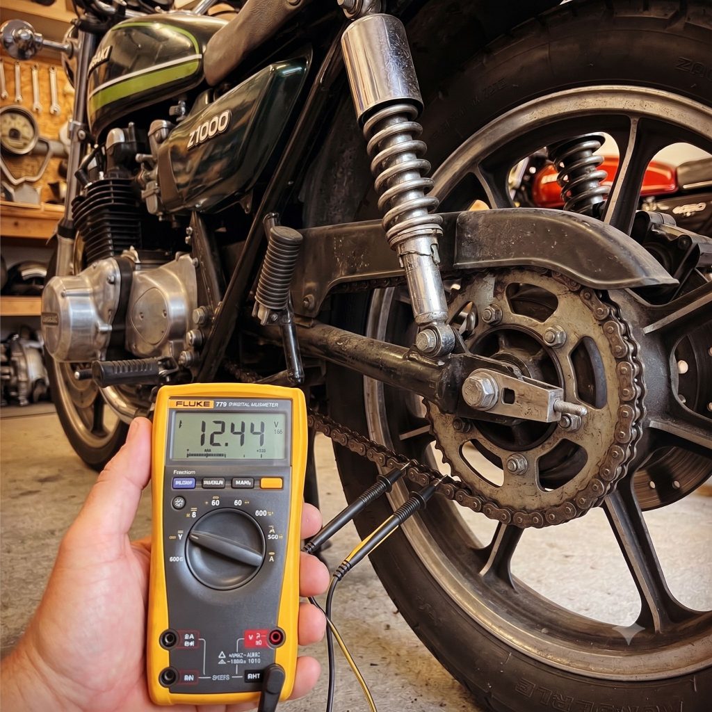 Das prüfen des Durchhangs, der Kettenspannung einer Motorradkette mit einem Voltmeter. Scherz-Bild. KI generiert. 