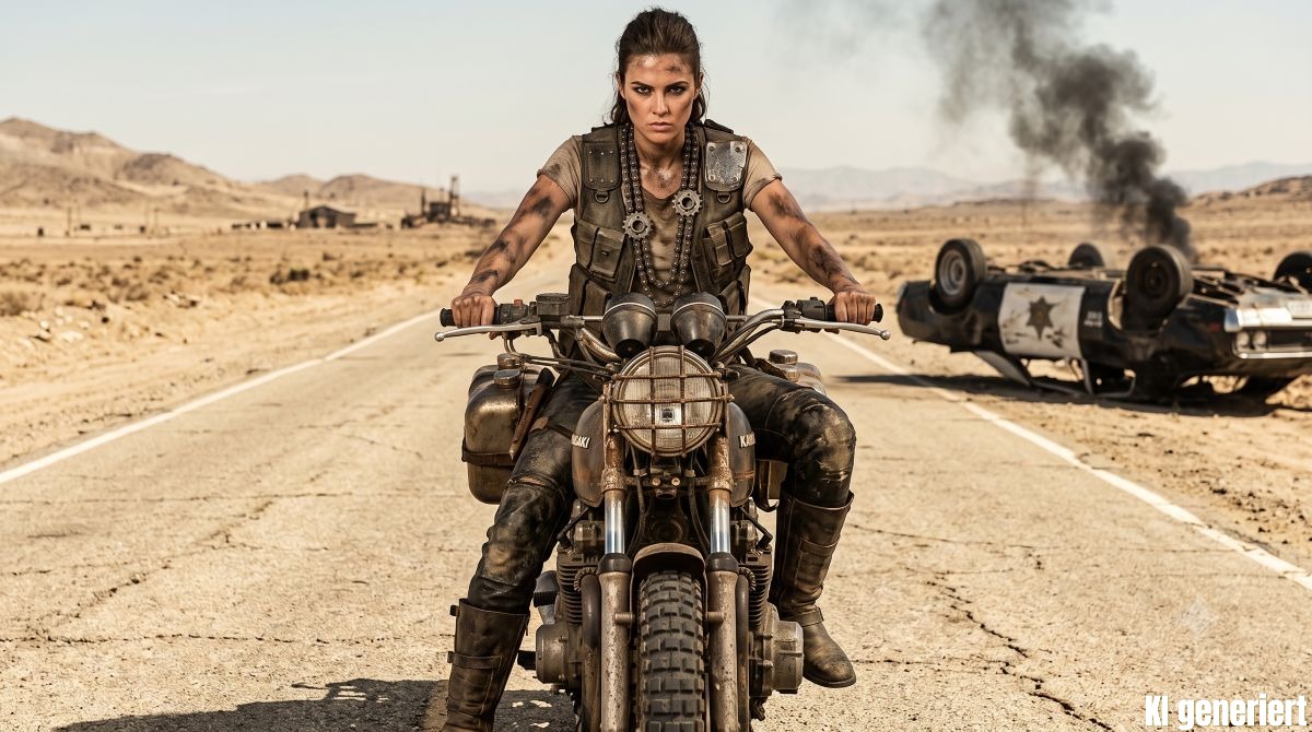 Eine Frau, eine öde Landstraße. Eine Szene wie aus einem Mad Max Film. Die Frau sitzt auf einer alten Kawasaki. Am Rand der Straße liegt ein verunfalltes Police Auto auf dem Dach, Rauch steigt auf. Das Bild wurde KI generiert.