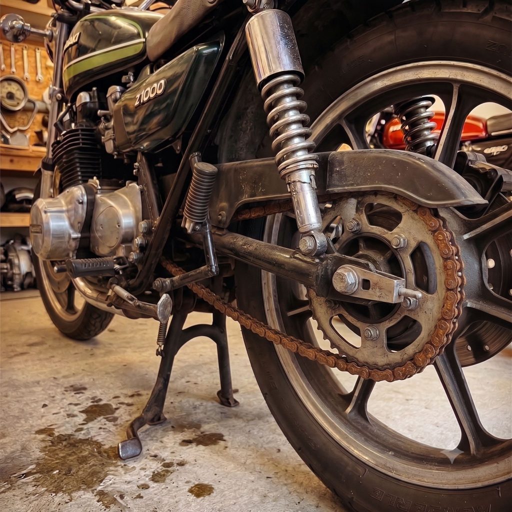Eine alte Kawasaki Z1000 mit einer verrosteten Motorradkette. KI generiertes Bild